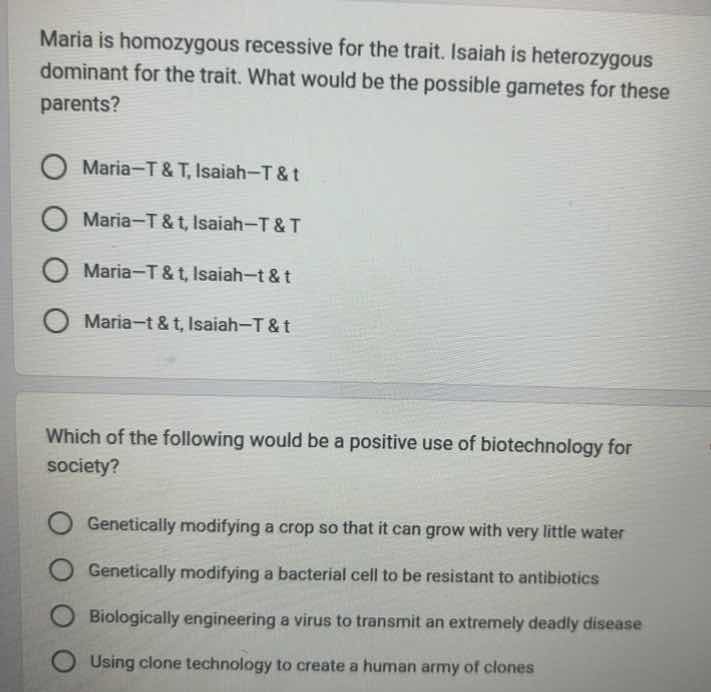maria is homozygous recessive for the trait. isaiah is heterozygous dom…