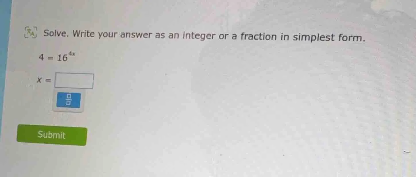 solve. write your answer as an integer or a fraction in simplest form. …
