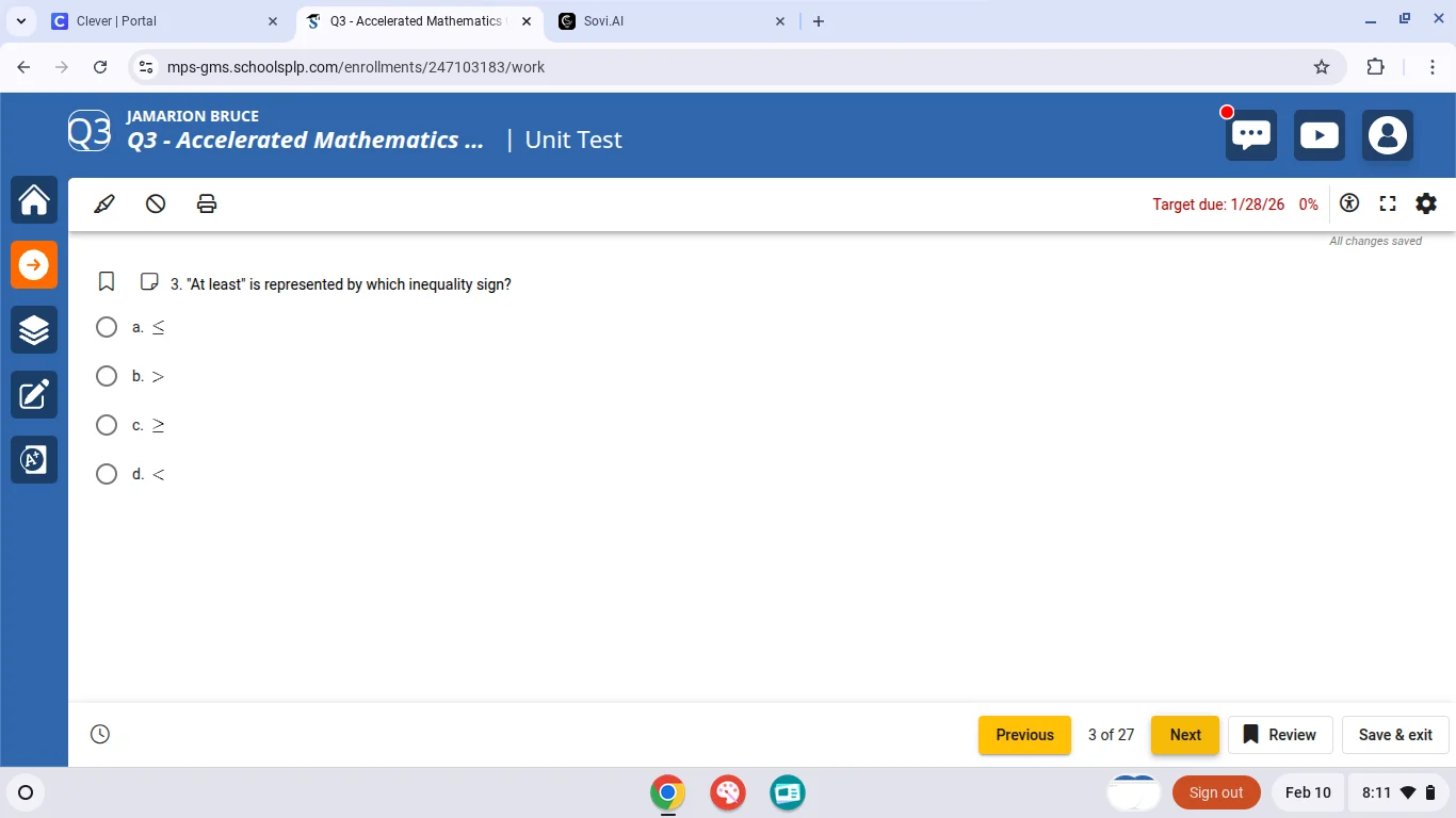 3. at least is represented by which inequality sign? a. $leq$ b. $>$ c.…