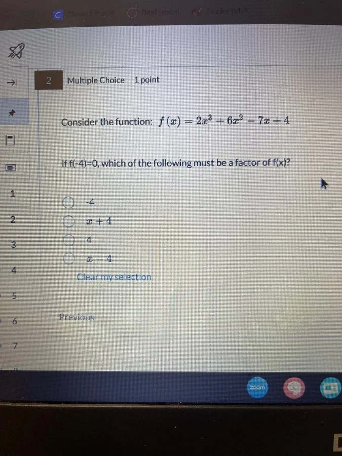 2 multiple choice 1 point consider the function: $f(x)=2x^3+6x^2-7x+4$ …