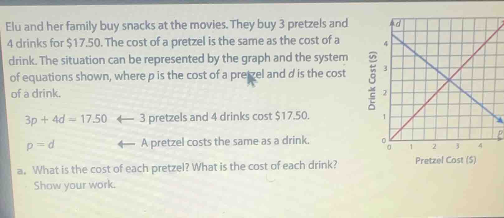 elu and her family buy snacks at the movies. they buy 3 pretzels and 4 …