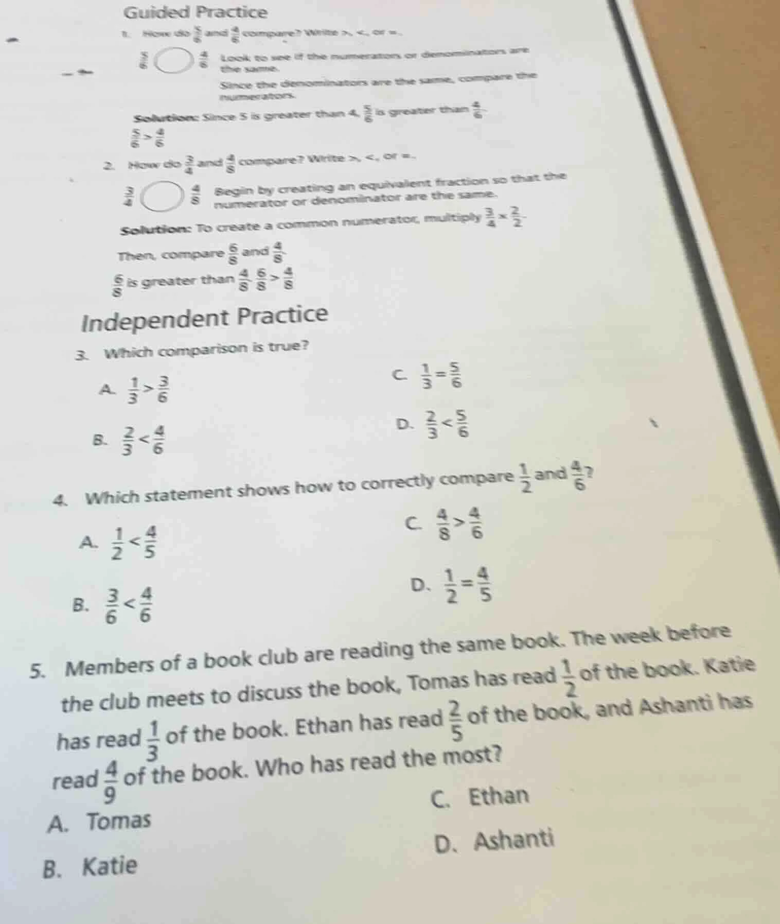 guided practice1. how do $\frac{5}{6}$ and $\frac{4}{6}$ compare? write…