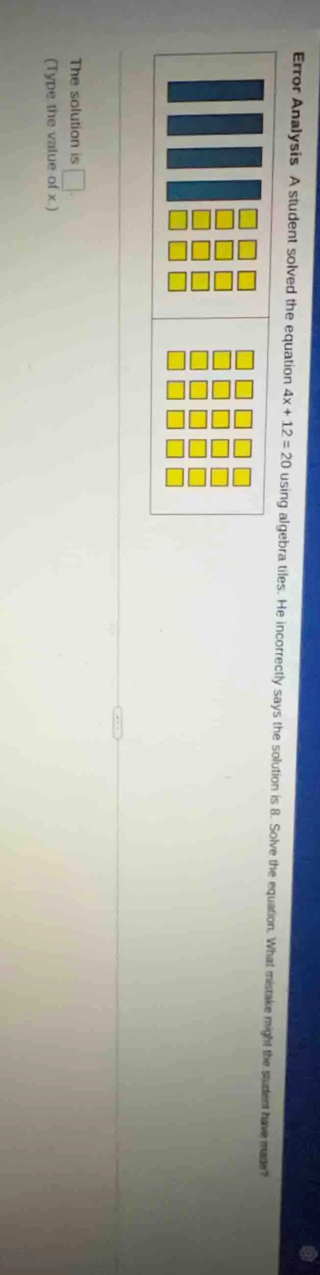 error analysis a student solved the equation $4x + 12 = 20$ using algeb…