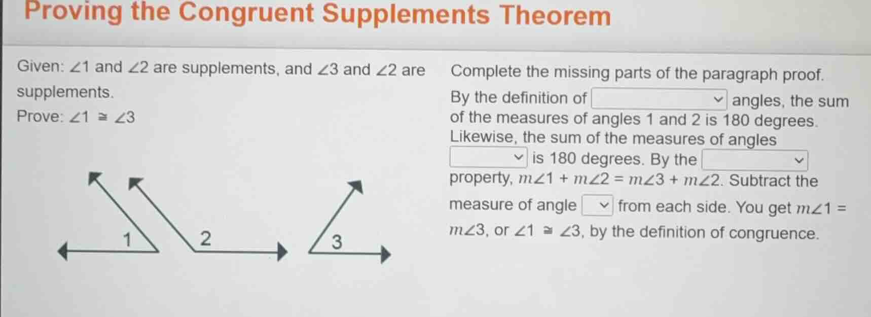 proving the congruent supplements theorem given: $angle 1$ and $angle 2…