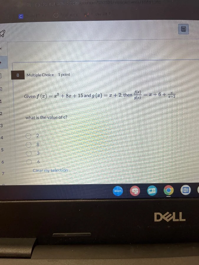 8 multiple choice 1 point given $f(x)=x^2 + 8x + 15$ and $g(x)=x + 2$; …