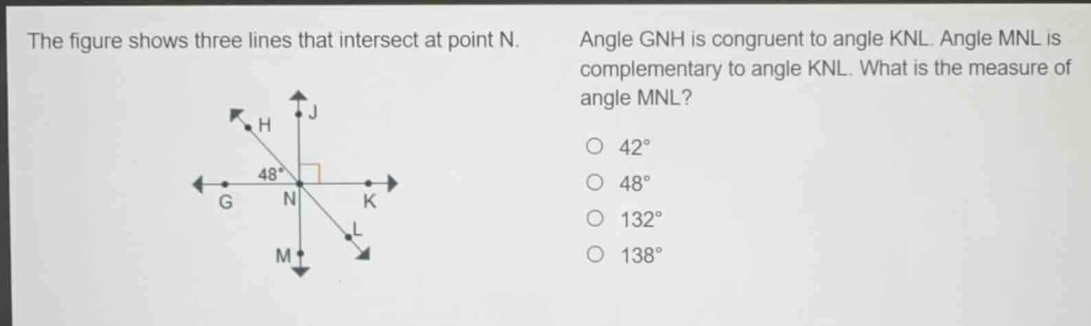 the figure shows three lines that intersect at point n. angle gnh is co…