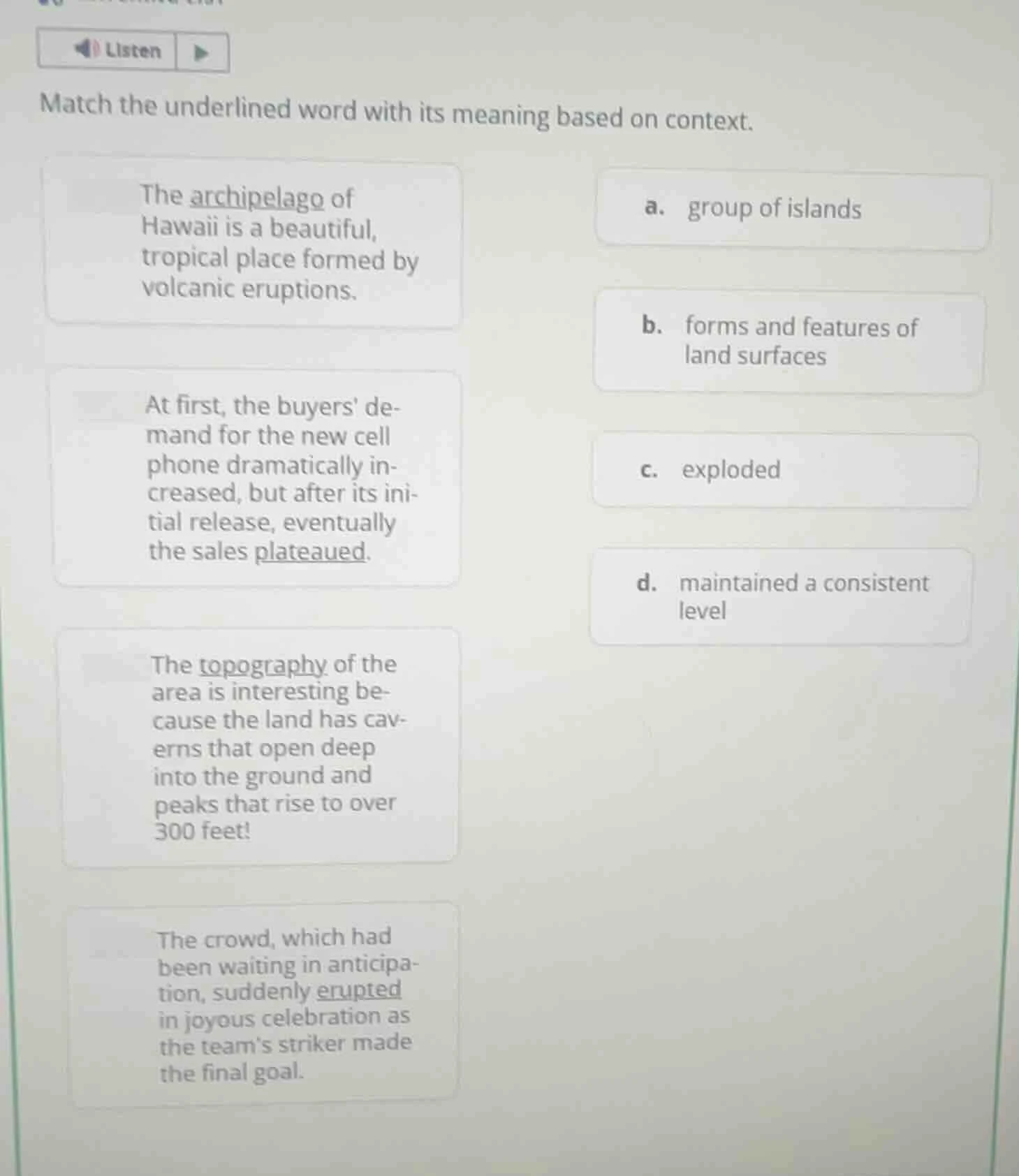 listen match the underlined word with its meaning based on context. the…
