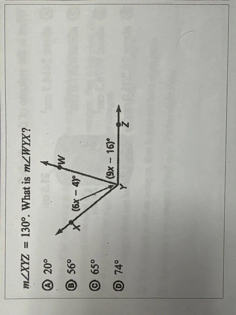 $m\\angle xyz = 130^\\circ$. what is $m\\angle wyx$? $(6x - 4)^\\circ$ …