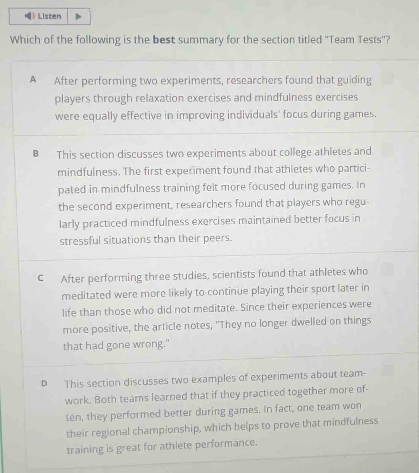 listen which of the following is the best summary for the section title…