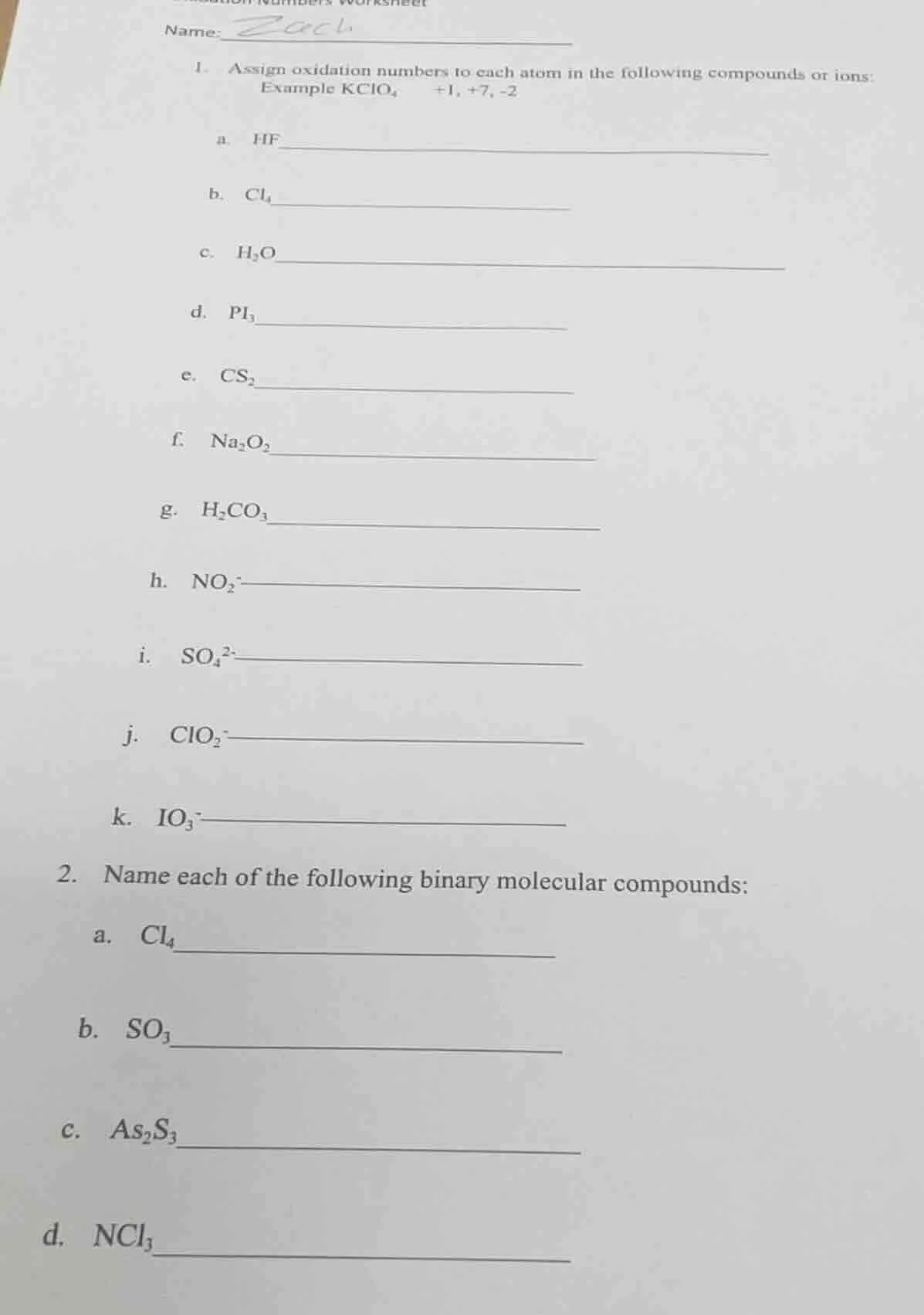 name: zocl1. assign oxidation numbers to each atom in the following com…