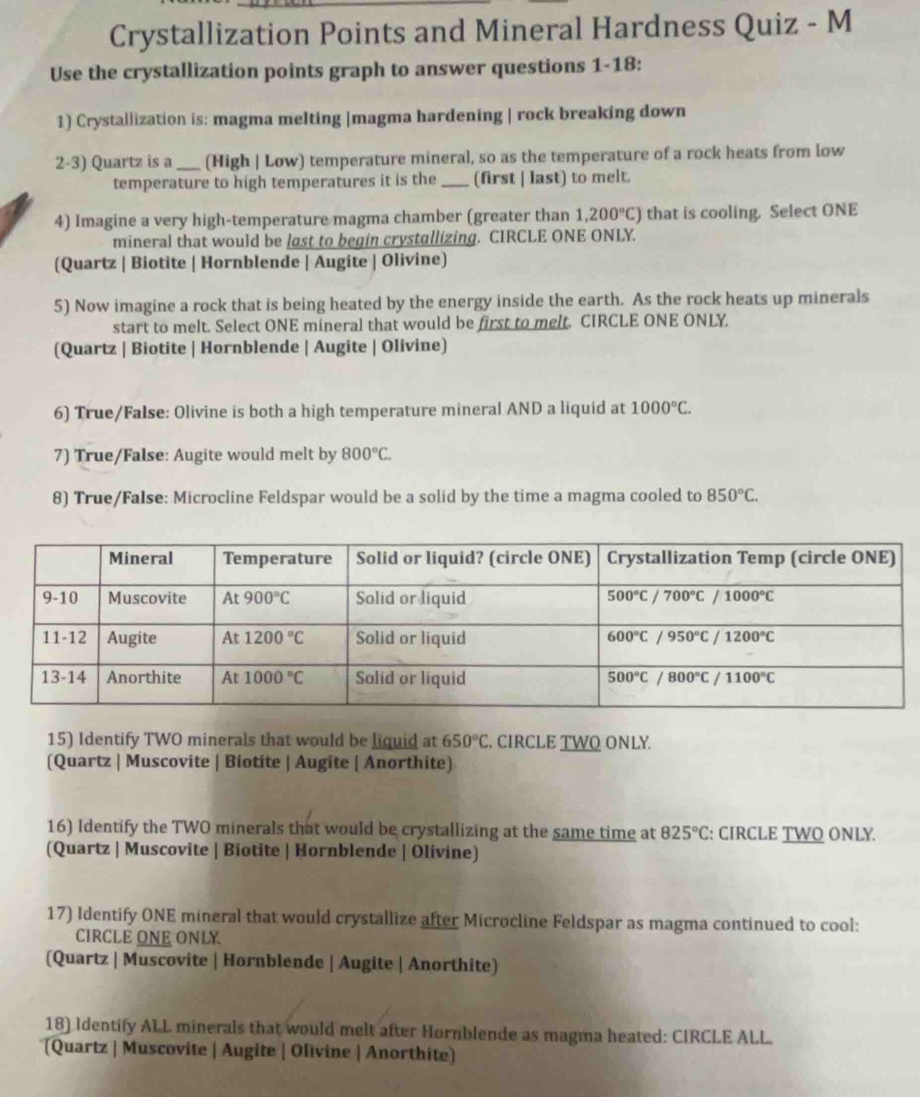 crystallization points and mineral hardness quiz - m use the crystalliz…
