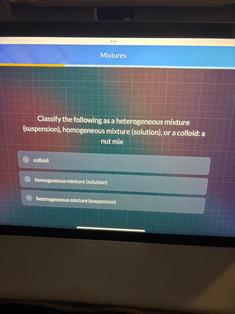 mixtures classify the following as a heterogeneous mixture (suspension)…