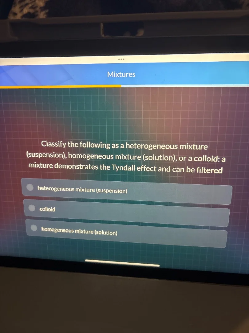 mixtures classify the following as a heterogeneous mixture (suspension)…