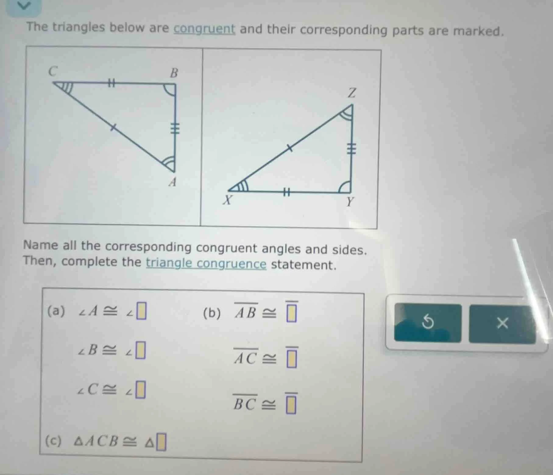the triangles below are congruent and their corresponding parts are mar…
