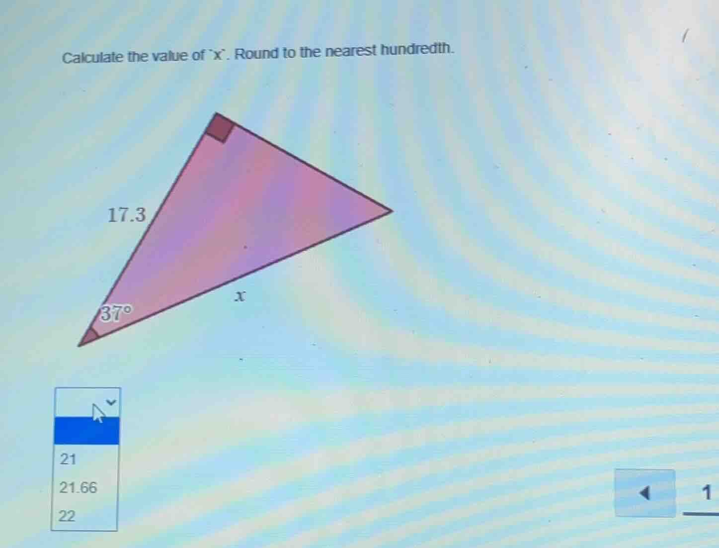 calculate the value of `x`. round to the nearest hundredth. 17.3 37° x …