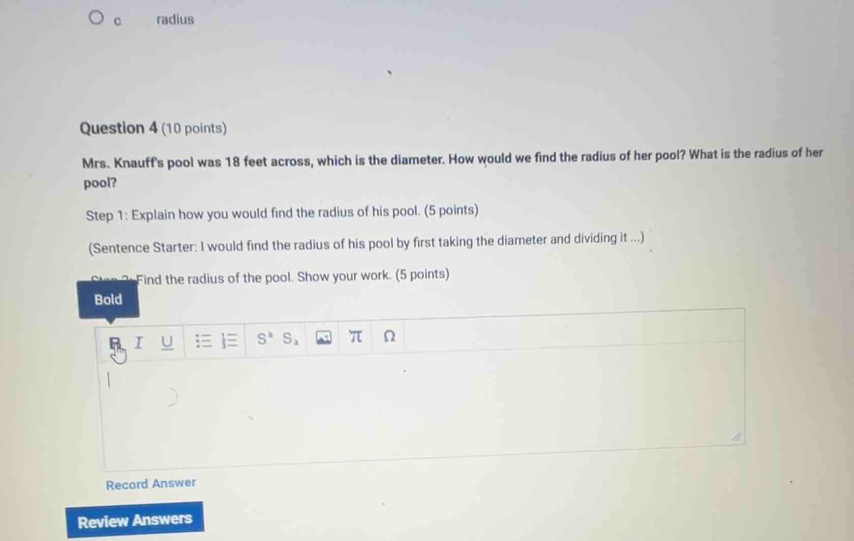 c radius question 4 (10 points) mrs. knauffs pool was 18 feet across, w…