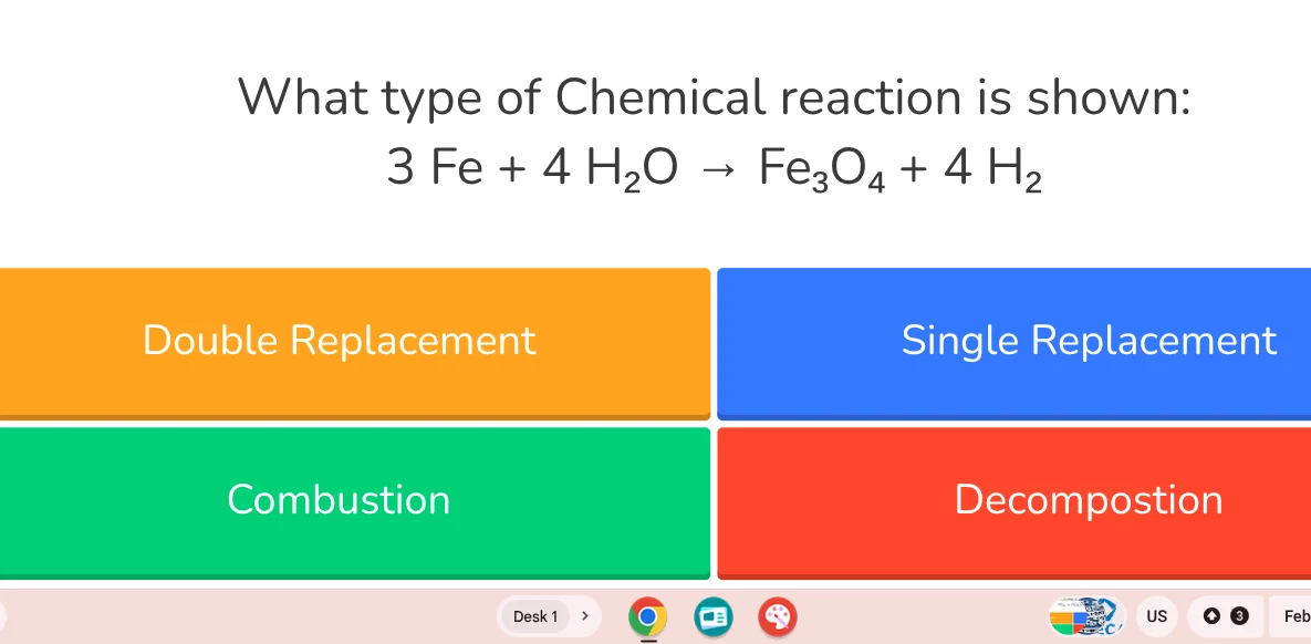 what type of chemical reaction is shown: $3\\text{fe} + 4\\text{h}_2\\t…