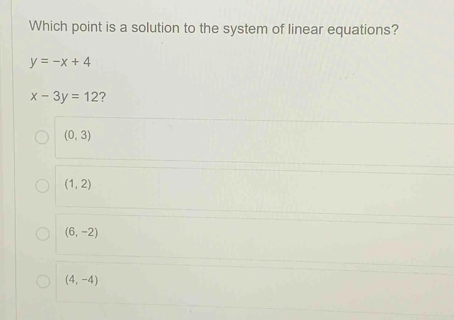 which point is a solution to the system of linear equations? $y = -x + …