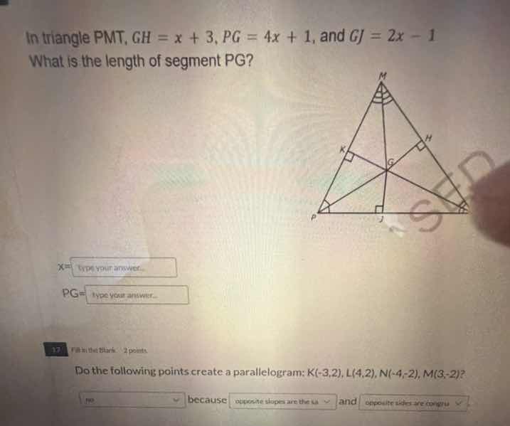 in triangle pmt, $gh = x + 3$, $pg = 4x + 1$, and $gj = 2x - 1$ what is…