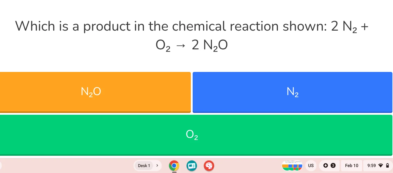 which is a product in the chemical reaction shown: $2\\ n_2 + o_2 \ igh…