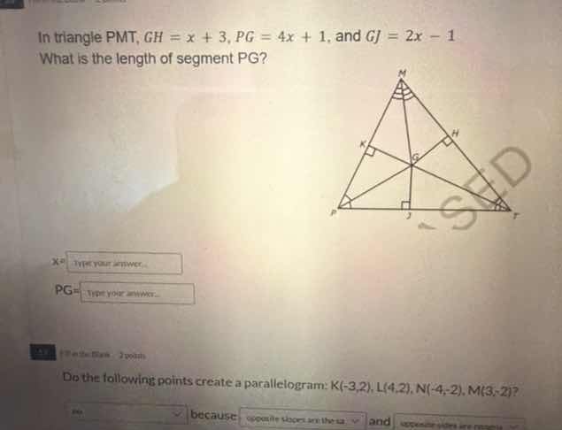 in triangle pmt, $gh = x + 3$, $pg = 4x + 1$, and $gj = 2x - 1$ what is…