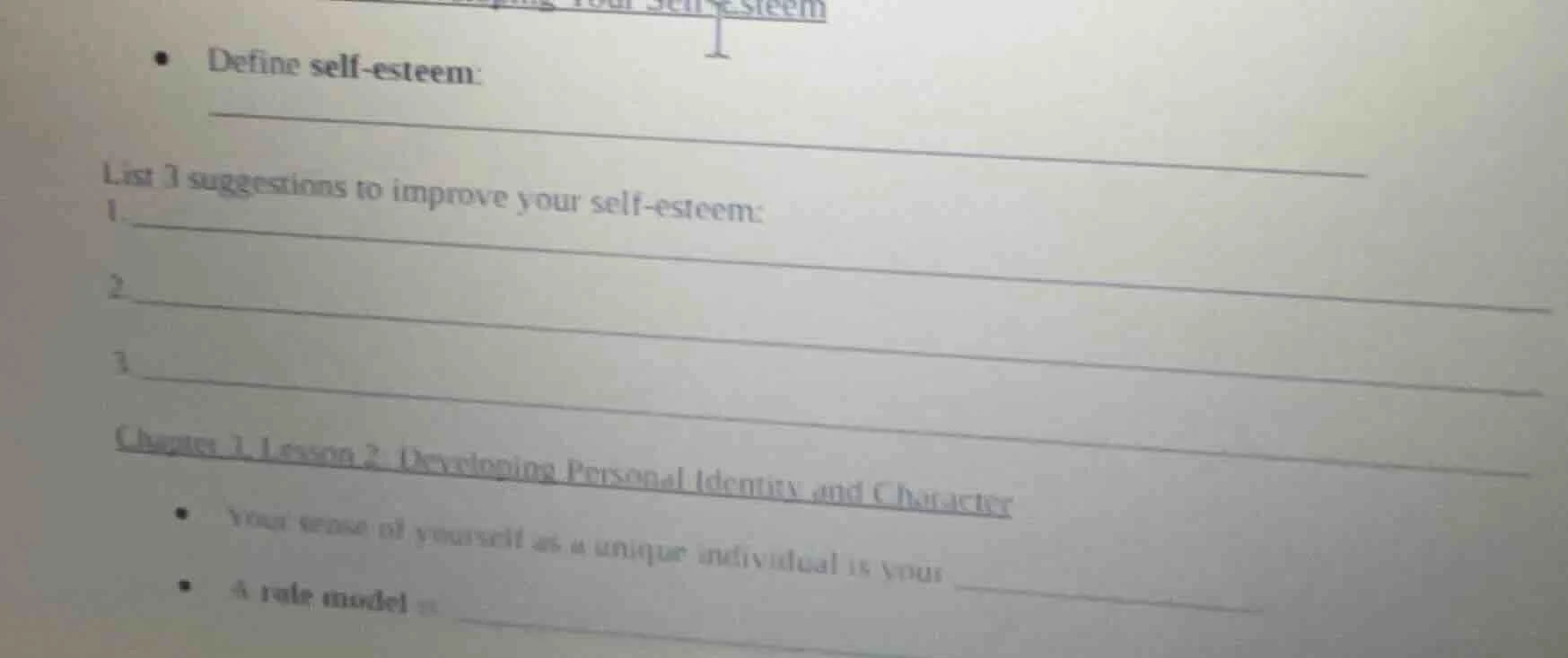 - define self-esteem: list 3 suggestions to improve your self-esteem: 1…