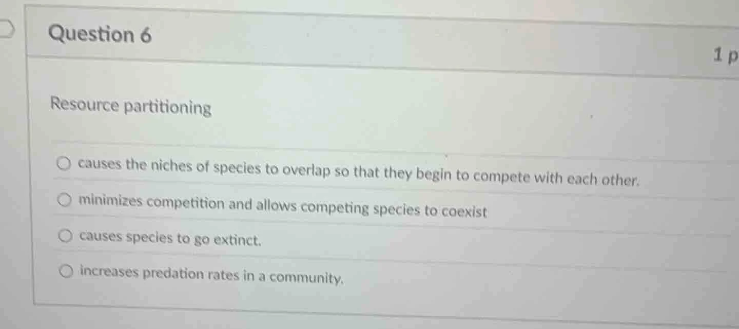 question 6 1 p resource partitioning causes the niches of species to ov…