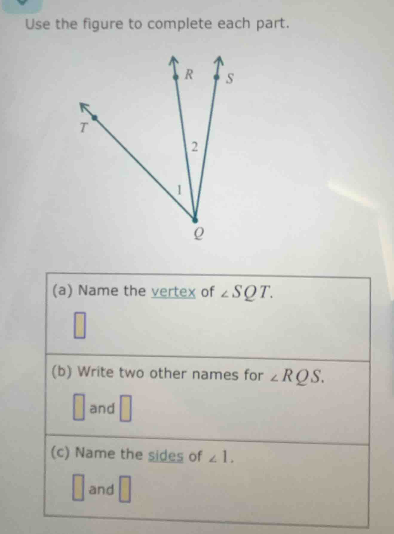 use the figure to complete each part. (a) name the vertex of $angle sqt…