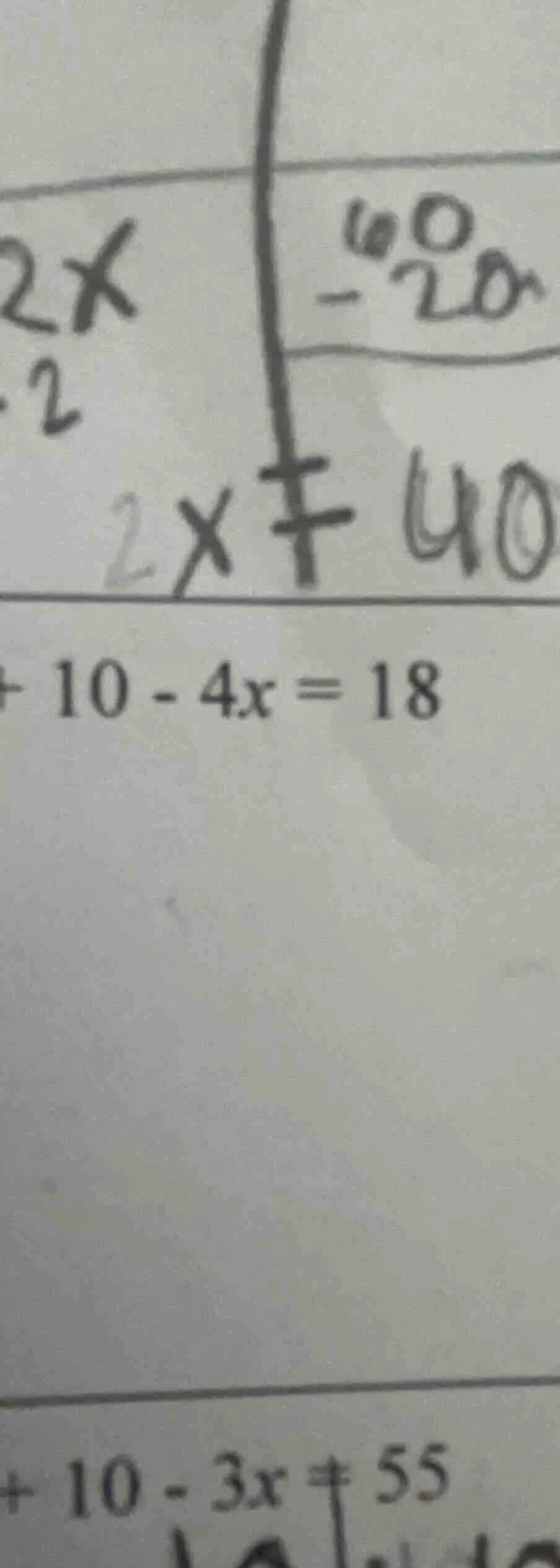 $2x$ $2$ $-20$ $2x eq 40$ $10 - 4x = 18$ $10 - 3x eq 55$