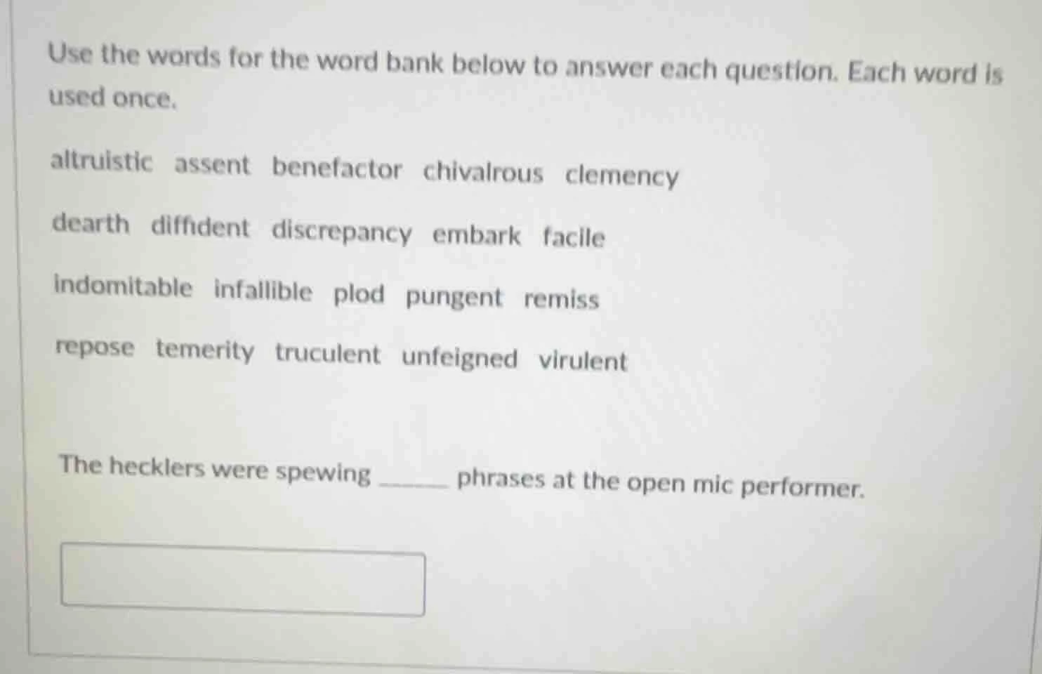 use the words for the word bank below to answer each question. each wor…