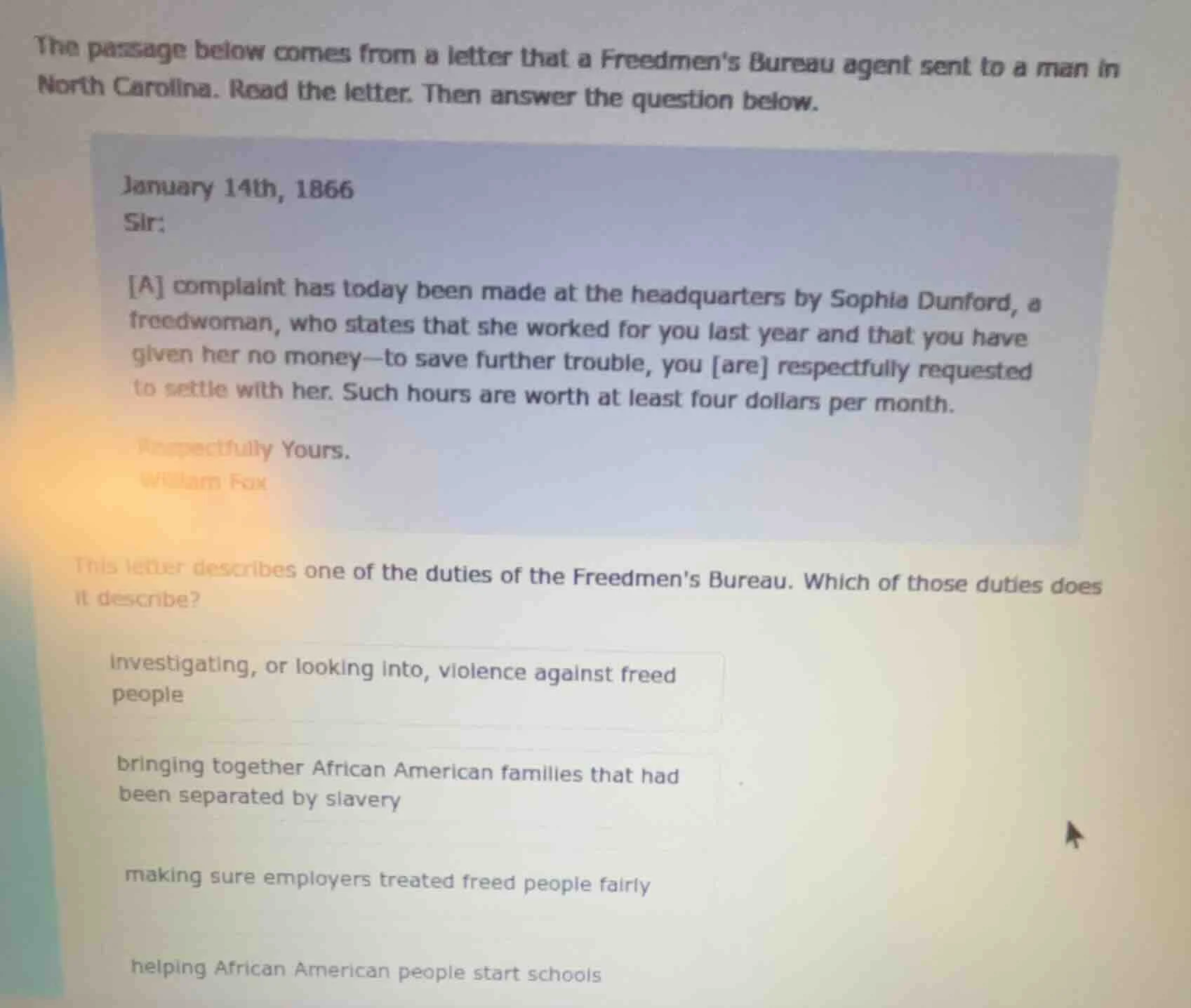 the passage below comes from a letter that a freedmens bureau agent sen…