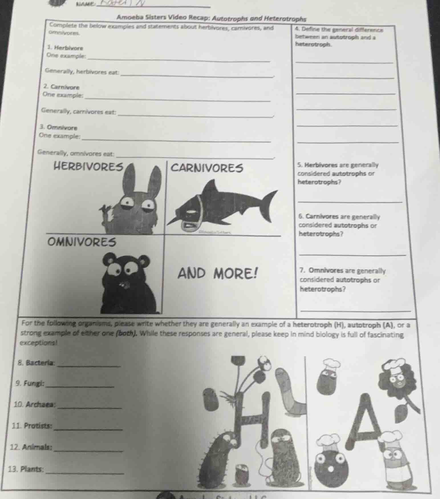 name:amoeba sisters video recap: autotrophs and heterotrophscomplete th…