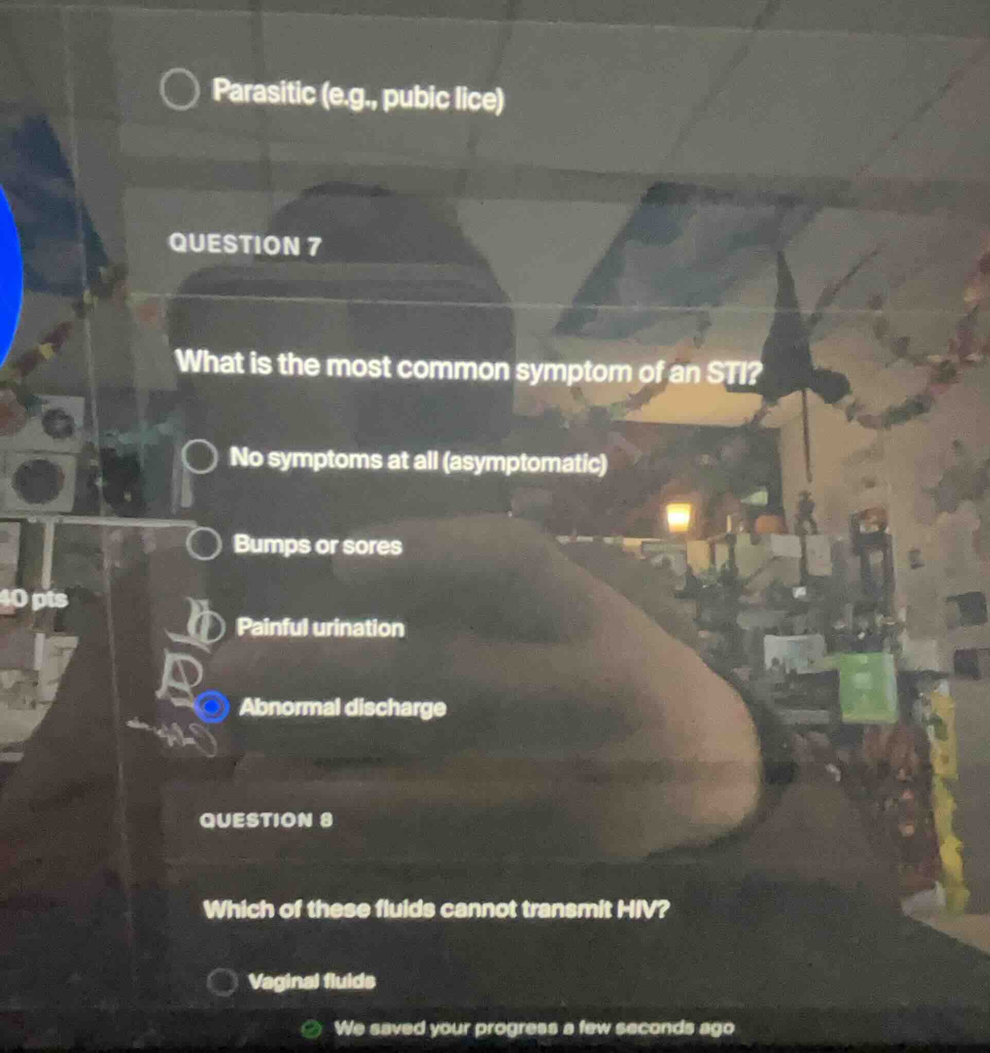 parasitic (e.g., pubic lice) question 7 what is the most common symptom…