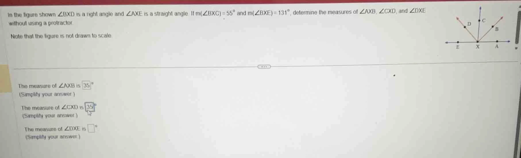 in the figure shown ∠bxd is a right angle and ∠axe is a straight angle.…