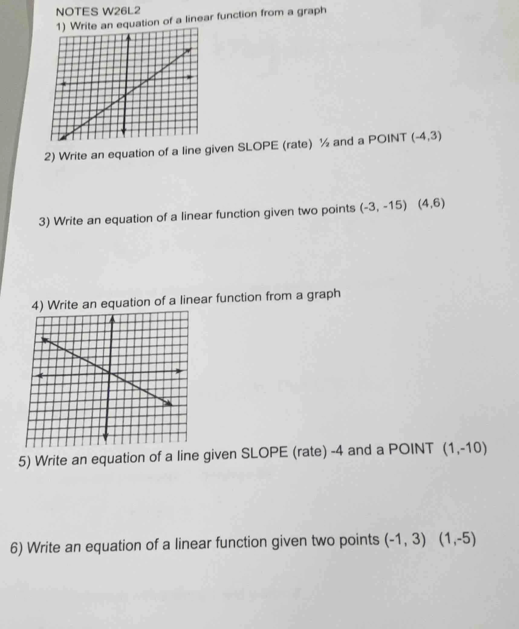 notes w26l2 1) write an equation of a linear function from a graph 2) w…