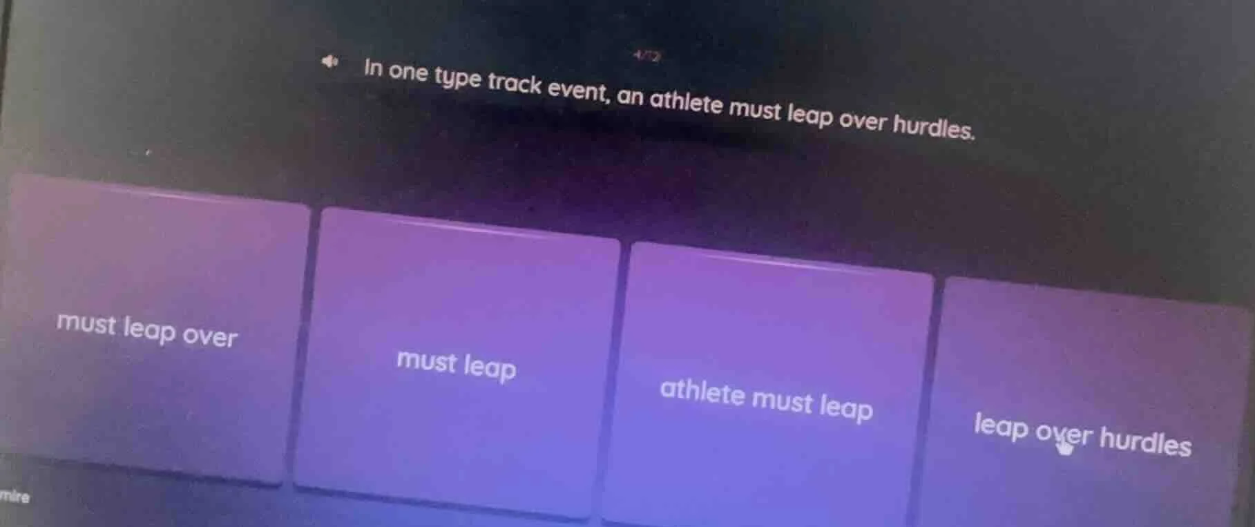 4/12 in one type track event, an athlete must leap over hurdles. must l…