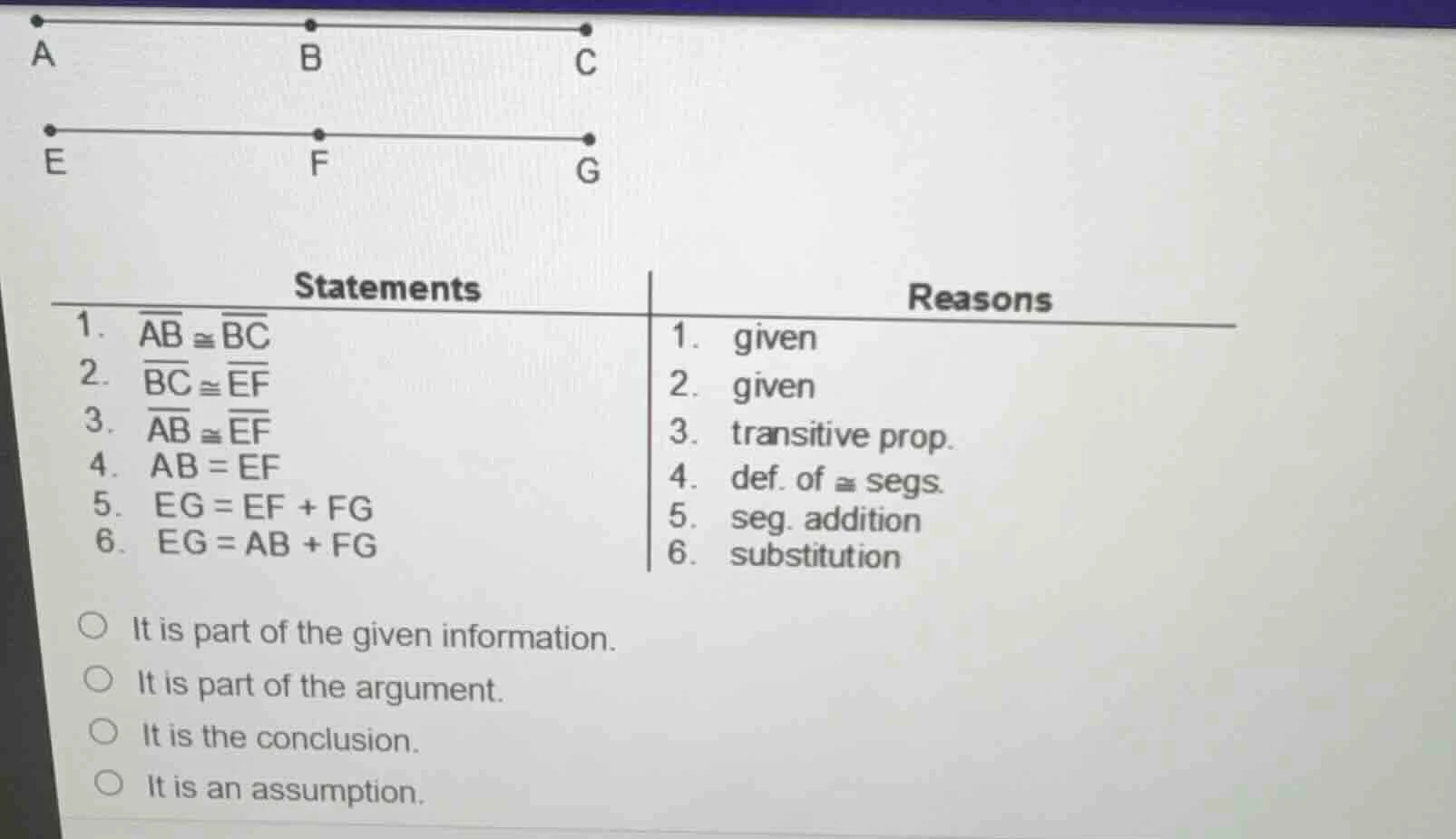 1. $overline{ab} cong overline{bc}$ 2. $overline{bc} cong overline{ef}$…
