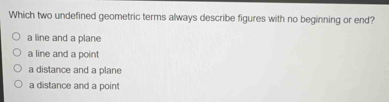 which two undefined geometric terms always describe figures with no beg…