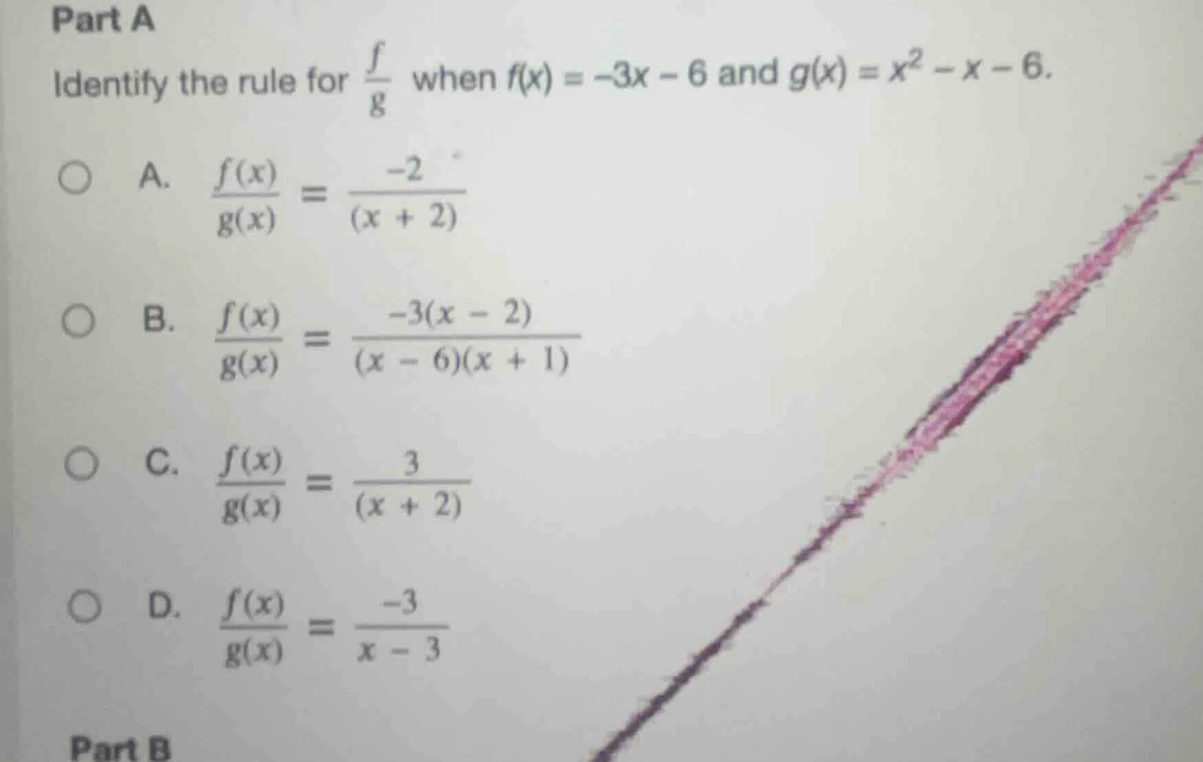 part a identify the rule for $\frac{f}{g}$ when $f(x) = -3x - 6$ and $g…