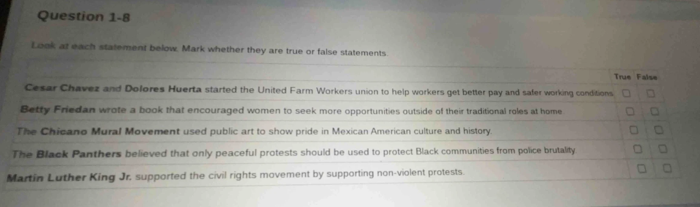 question 1-8 look at each statement below. mark whether they are true o…