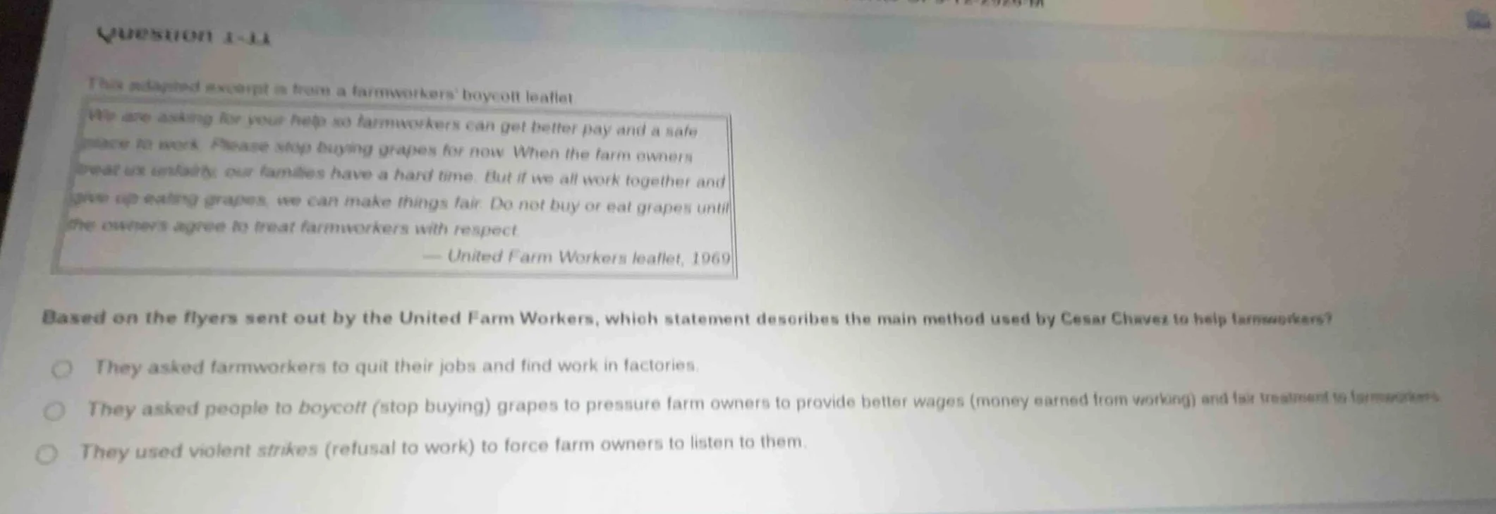 question 1-11 this adapted excerpt is from a farmworkers boycott leafle…