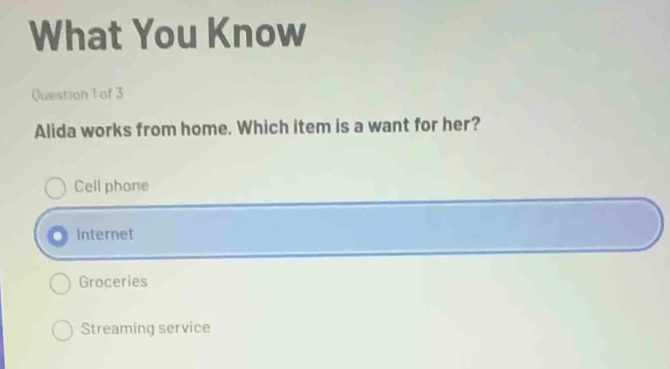 what you know question 1 of 3 alida works from home. which item is a wa…