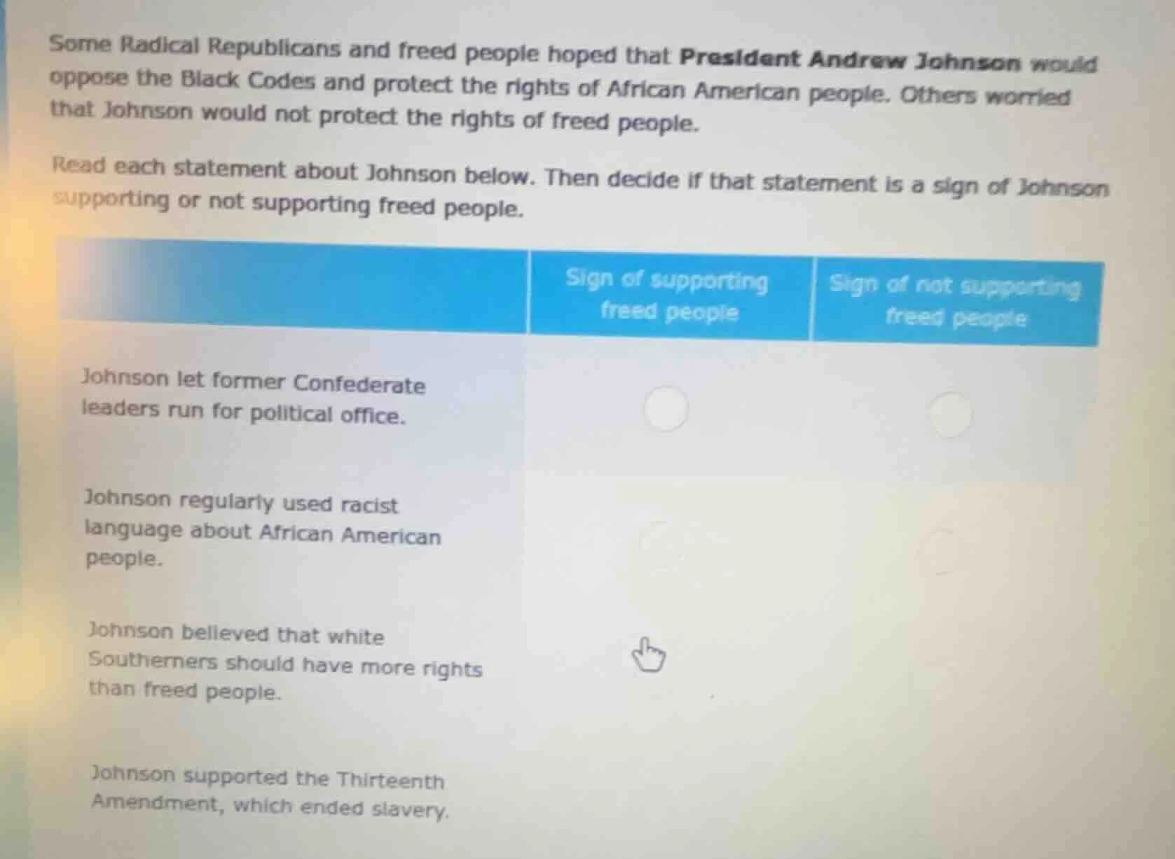 some radical republicans and freed people hoped that president andrew j…