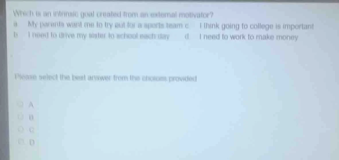 which is an intrinsic goal created from an external motivator? a. my pa…