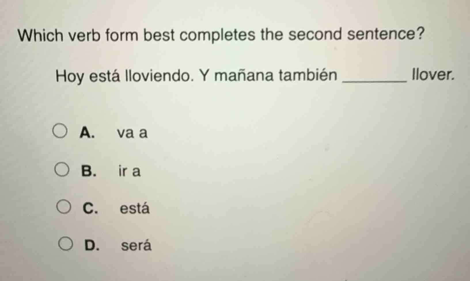 which verb form best completes the second sentence? hoy está lloviendo.…