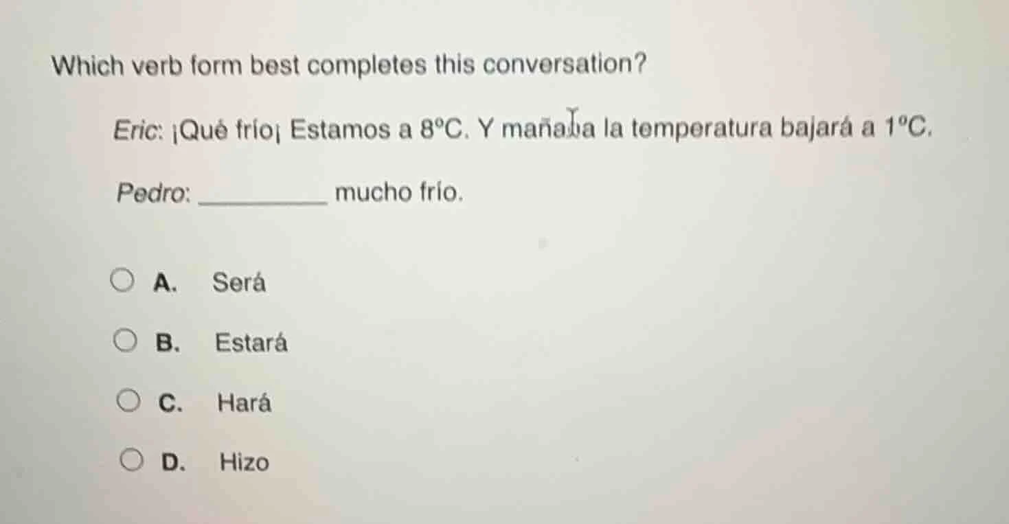 which verb form best completes this conversation? eric: ¡qué frío! esta…