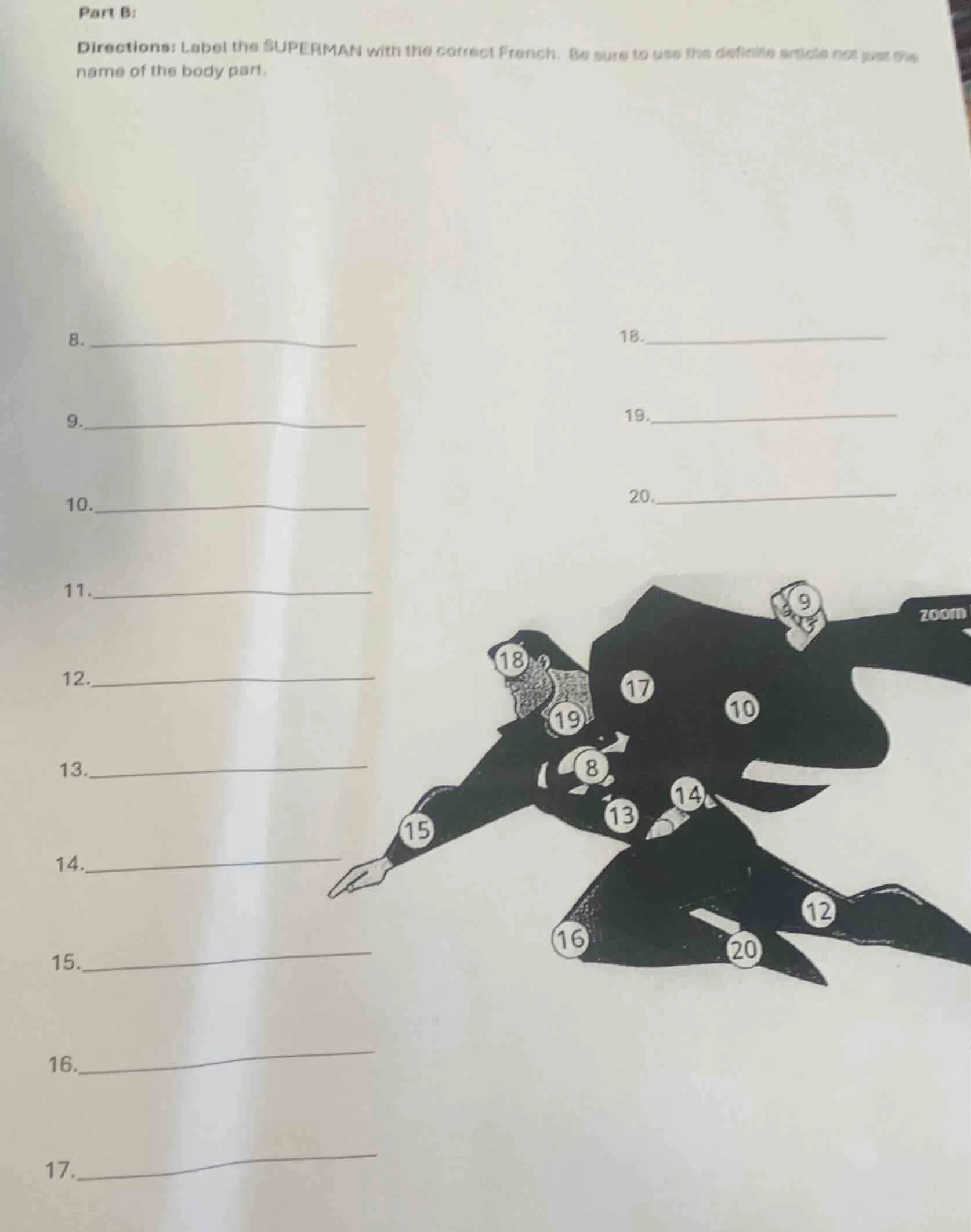 part b: directions: label the superman with the correct french. be sure…