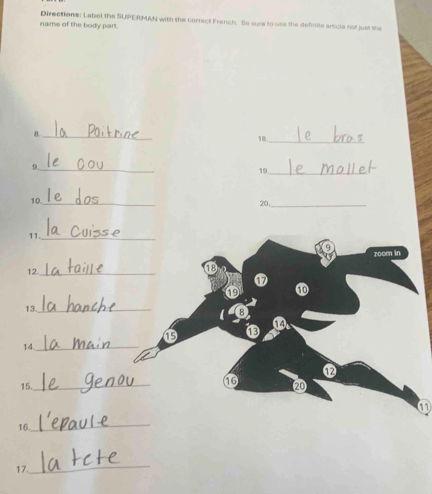 directions: label the superman with the correct french. be sure to use …
