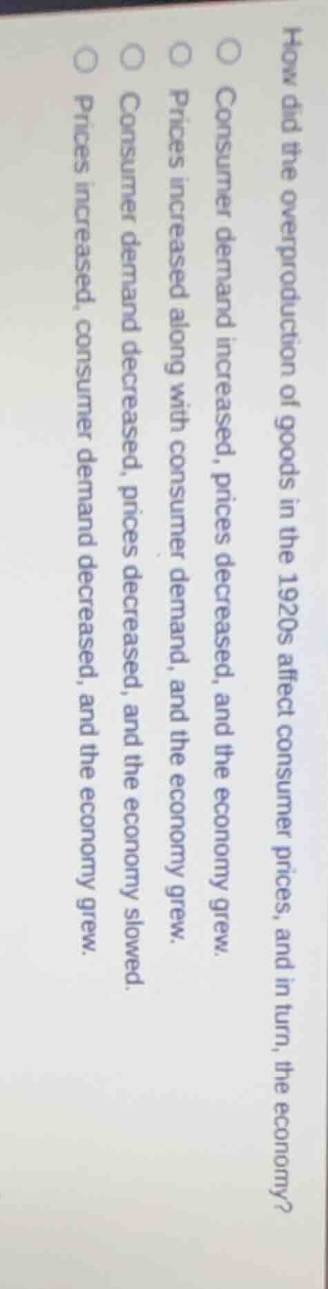 how did the overproduction of goods in the 1920s affect consumer prices…