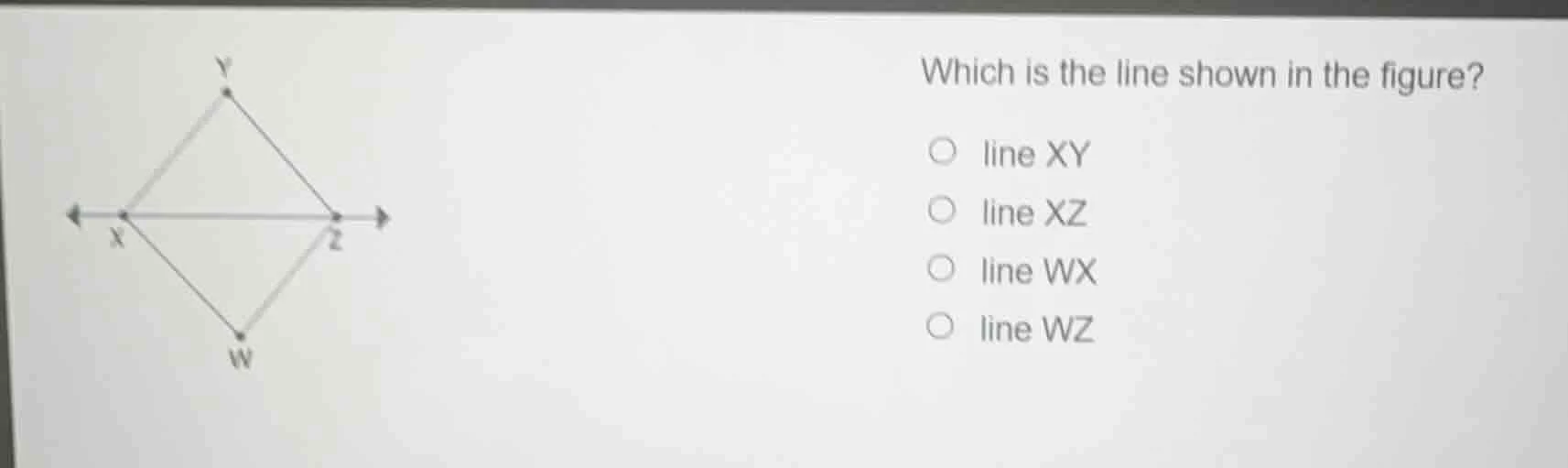 which is the line shown in the figure?○ line xy○ line xz○ line wx○ line…